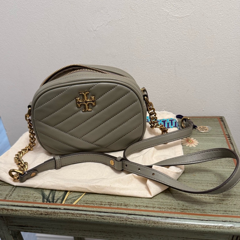 Tory Burch Taupe Quilted Crossbody Bag with Gold Chain